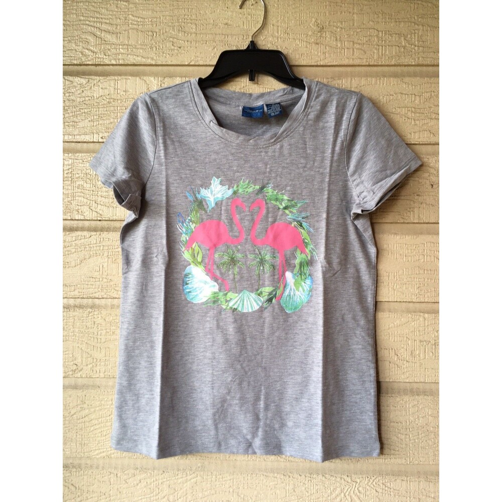 Caribbean Joe womens Grey Swan Print Scallop Neck Cotton T Shirt Top size Small